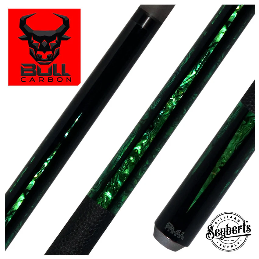 Bull Carbon Black with 6 Green Mother-of-Pearl Points Play Cue with Textured Leather Wrap