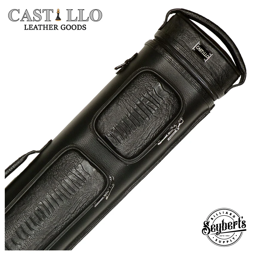 Castillo Black Leather with Black Ostrich Leg Accent 4x8 Hard Leather Pool Cue Case - CLG48BKBKOS