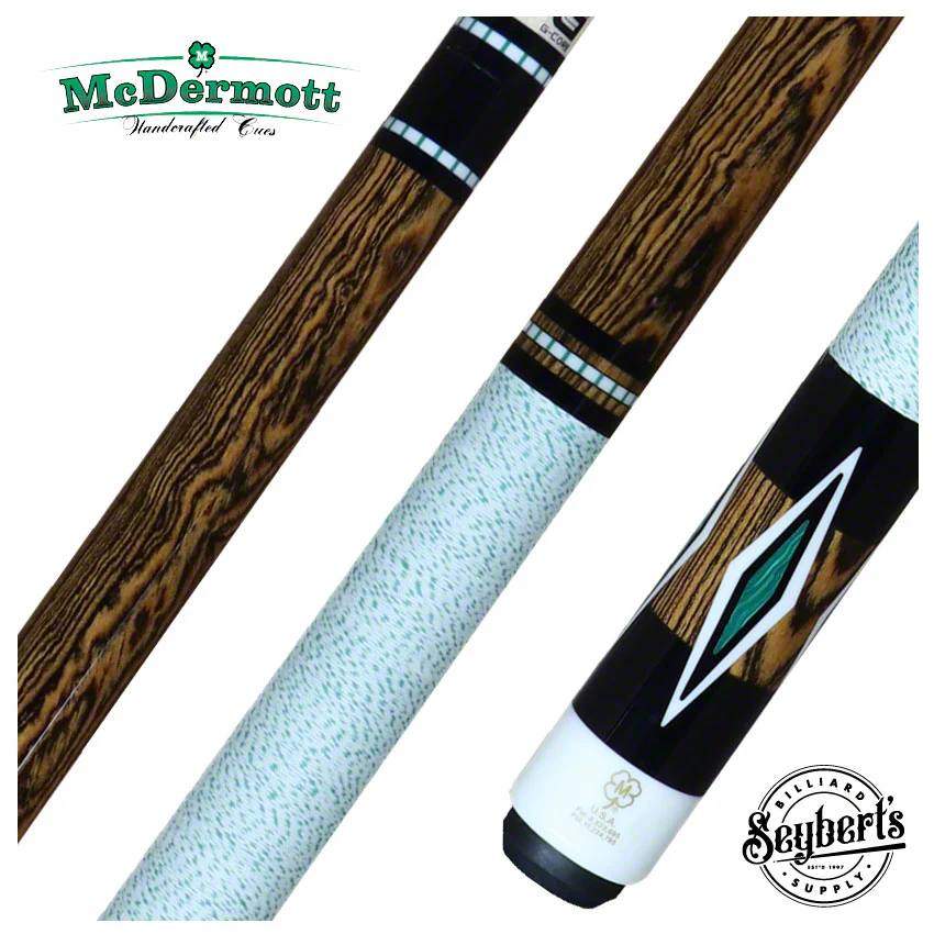 McDermott H Series Bocote Forearm with Malachite/Black/White Urethane Diamond Inlays Pool Cue - H853