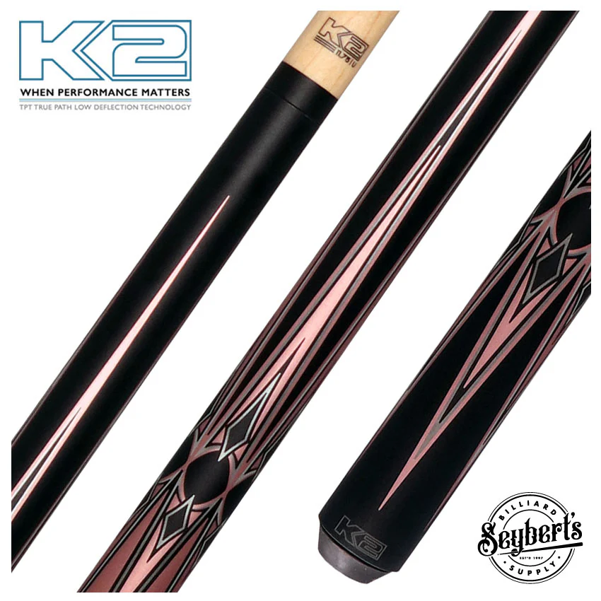 K2 Matte Metallic Pink with Black and Silver No Wrap Pool Cue with 11.75mm LD Koda Shaft