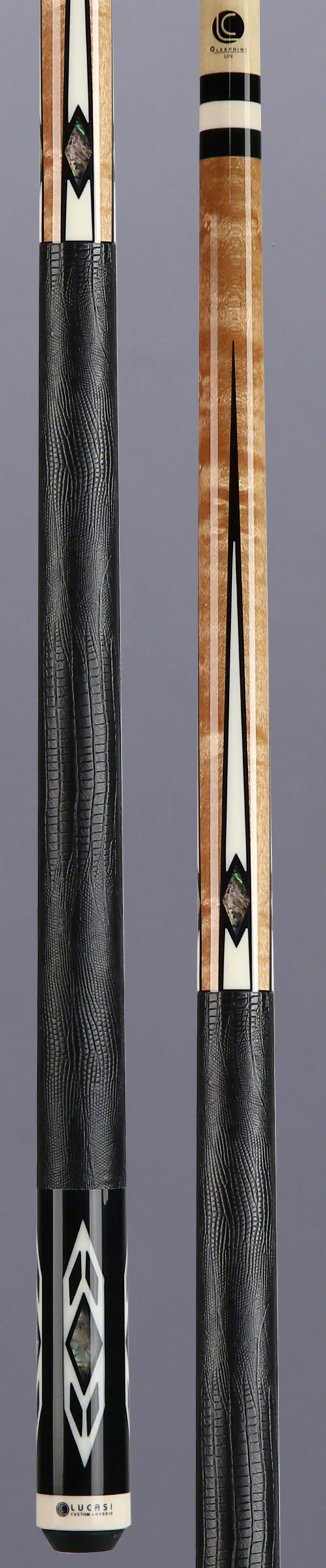 Lucasi Zero Flexpoint Antique Stained Birdseye Maple with Abalone Inlays and Lizard Embossed Black Leather Wrap Pool Cue - LZC24 - Image 3