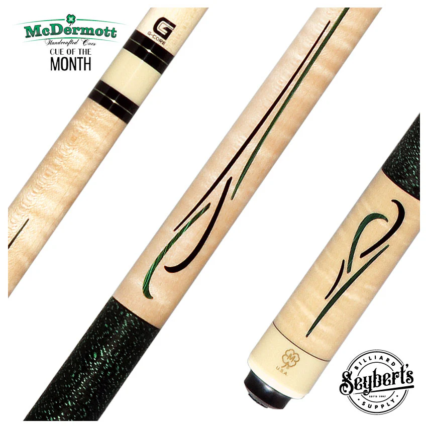 McDermott Curly Maple with Green Malachite and Black Urethane Inlays Cue of the Month with G-Core Shaft