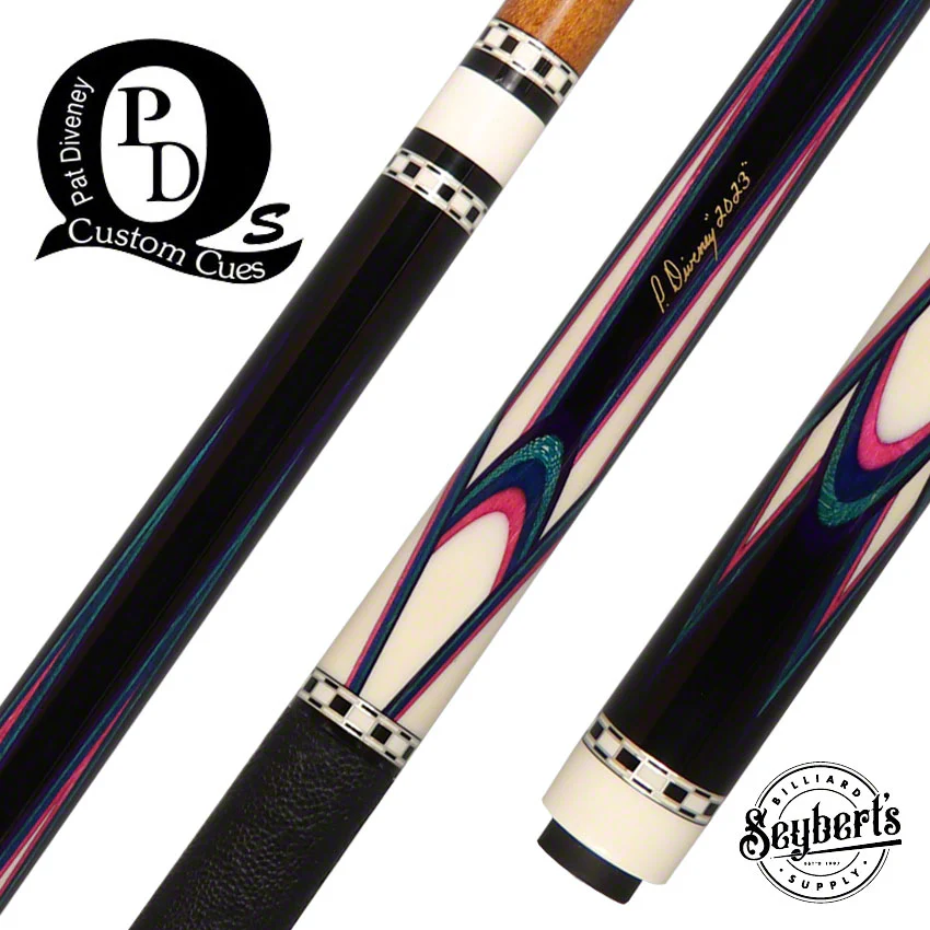 Pat Diveney Ebony Butteryfly White/Pink/Blue/Teal Custom Cue with Two Honey Roast Trans-K Shafts - DC4800