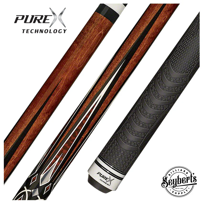 PureX Technology Pool Cue - Mahogany Stained Maple with 5 Pt. Snakewood and Silver Graphics - HXT66