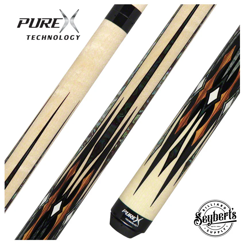 PureX Technology Pool Cue - Natural Birdseye Maple with Zebrawood, Abalone and Imitation Bone Graphics - HXTE12
